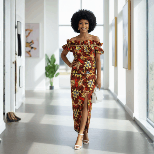 Golden Off-Shoulder Kitenge Dress