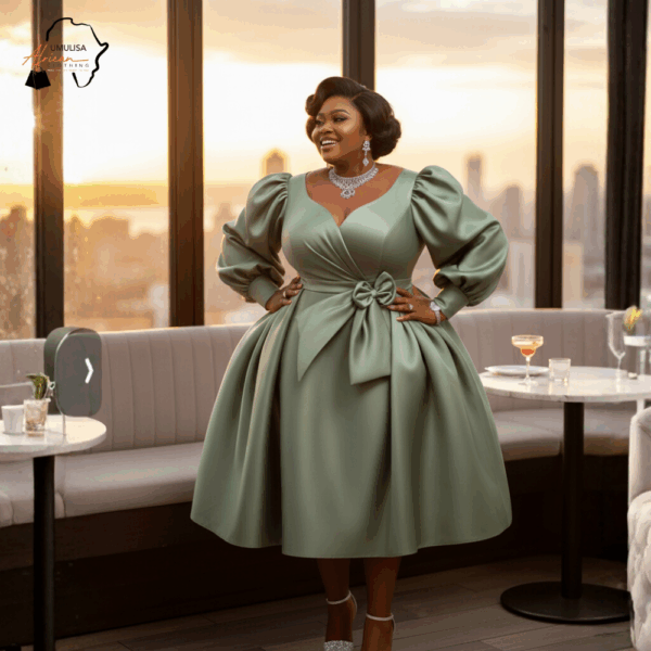 76 Sage Majesty Puff-Sleeve Dress