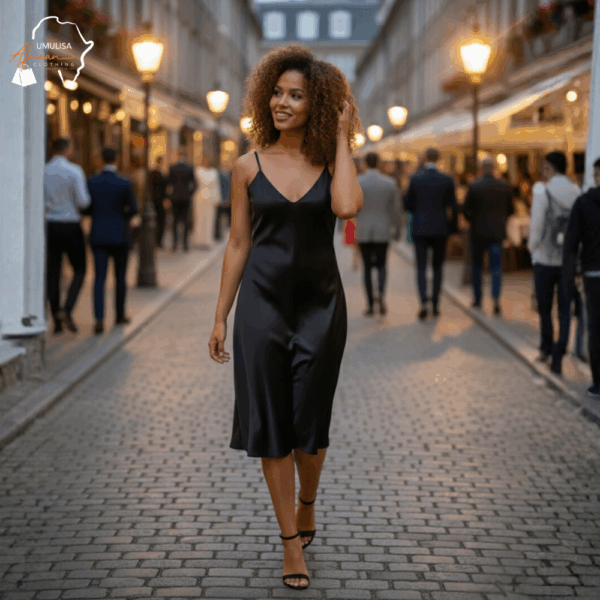 87 Noir Essence Satin Slip Dress
