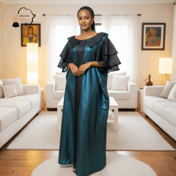 36 Nia Emerald Teal & Black African Maxi Dress