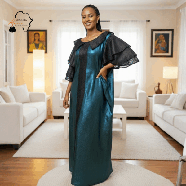 39 Nia Emerald Teal & Black African Maxi Dress