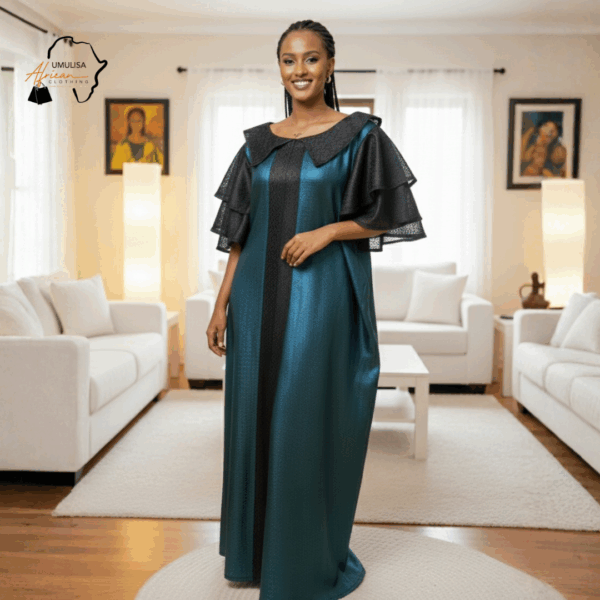 40 Nia Emerald Teal & Black African Maxi Dress