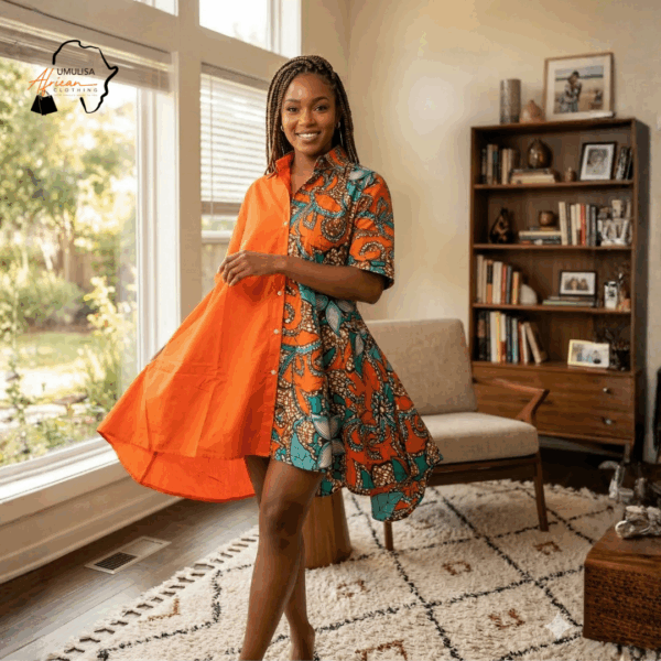 112 Nia Orange Heritage Shirt Dress