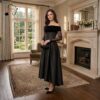 272 Noir Grace Satin Midi Dress – Elegant Off-Shoulder Black Evening Dress