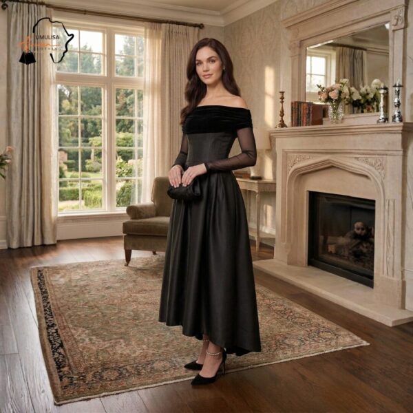 272 Noir Grace Satin Midi Dress – Elegant Off-Shoulder Black Evening Dress