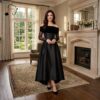 Noir Grace Satin Midi Dress – Elegant Off-Shoulder Black Evening Dress