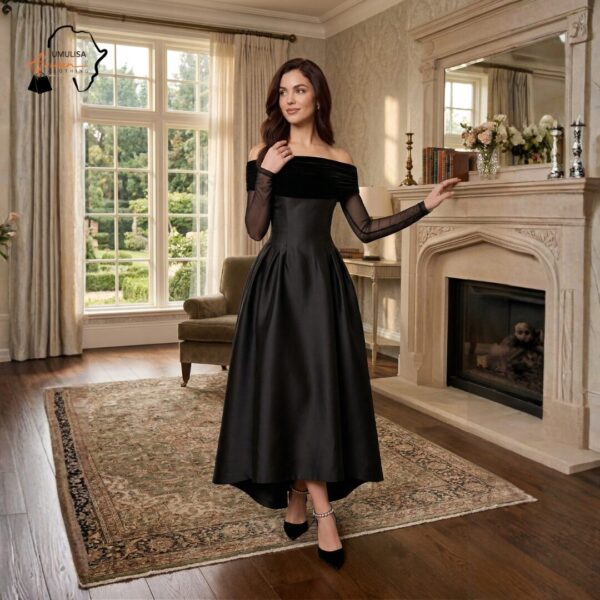 274 Noir Grace Satin Midi Dress – Elegant Off-Shoulder Black Evening Dress