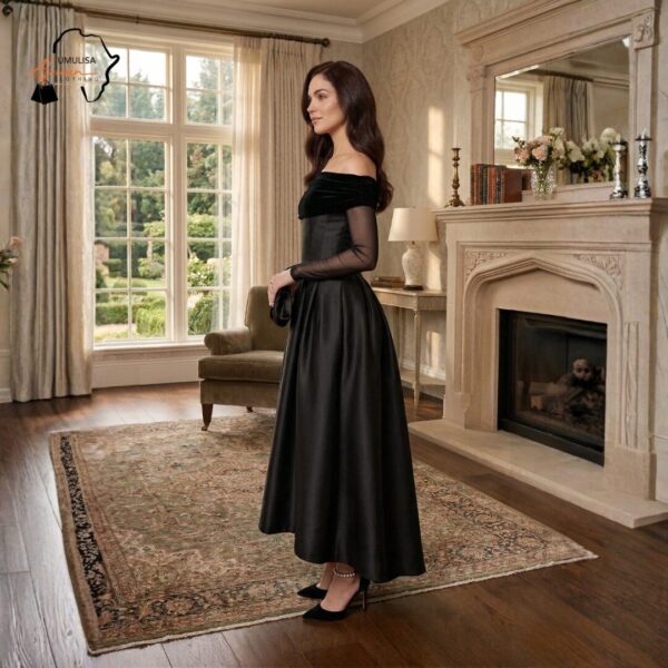 275 Noir Grace Satin Midi Dress – Elegant Off-Shoulder Black Evening Dress