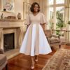 281 Ivory Harmony Two-Tone Midi Dress – Elegant Modest Flare Sleeve Dress