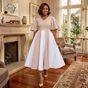 281 Ivory Harmony Two-Tone Midi Dress – Elegant Modest Flare Sleeve Dress