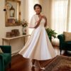 282 Ivory Harmony Two-Tone Midi Dress – Elegant Modest Flare Sleeve Dress