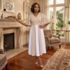 283 Ivory Harmony Two-Tone Midi Dress – Elegant Modest Flare Sleeve Dress
