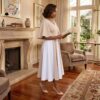 284 Ivory Harmony Two-Tone Midi Dress – Elegant Modest Flare Sleeve Dress