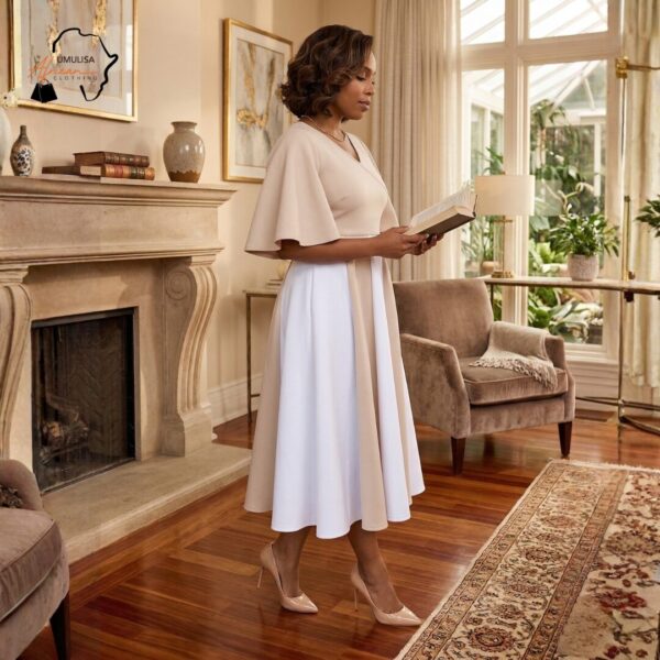 284 Ivory Harmony Two-Tone Midi Dress – Elegant Modest Flare Sleeve Dress