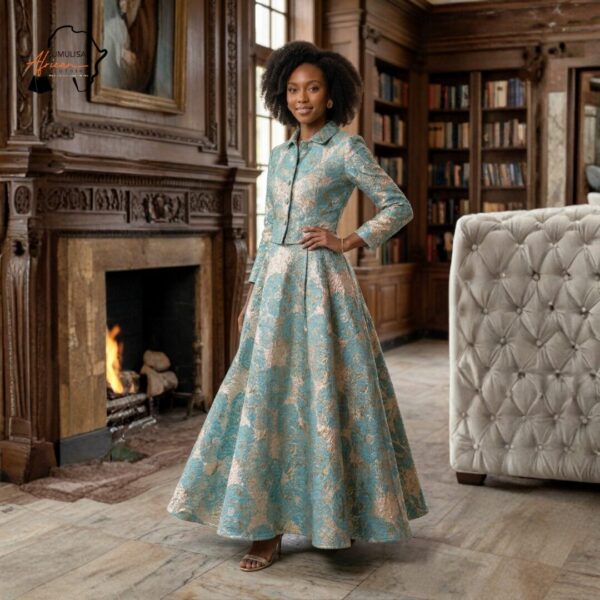 Emerald Regal Jacquard Gown – Elegant Long Sleeve Luxury Maxi Dress
