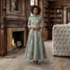Emerald Regal Jacquard Gown – Elegant Long Sleeve Luxury Maxi Dress