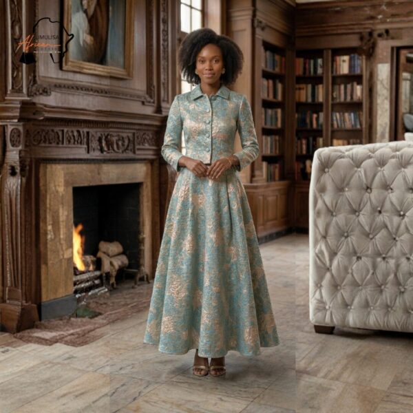 Emerald Regal Jacquard Gown – Elegant Long Sleeve Luxury Maxi Dress