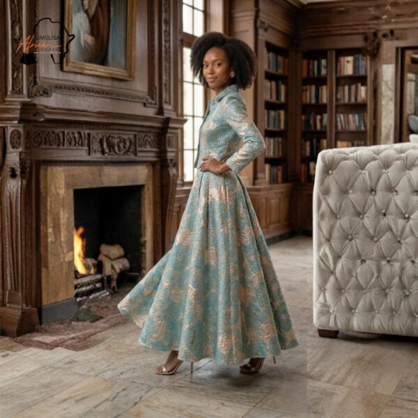 Emerald Regal Jacquard Gown – Elegant Long Sleeve Luxury Maxi Dress