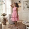 300 Blush Belle Tiered Flare Dress – Elegant Pink Halter Midi Dress