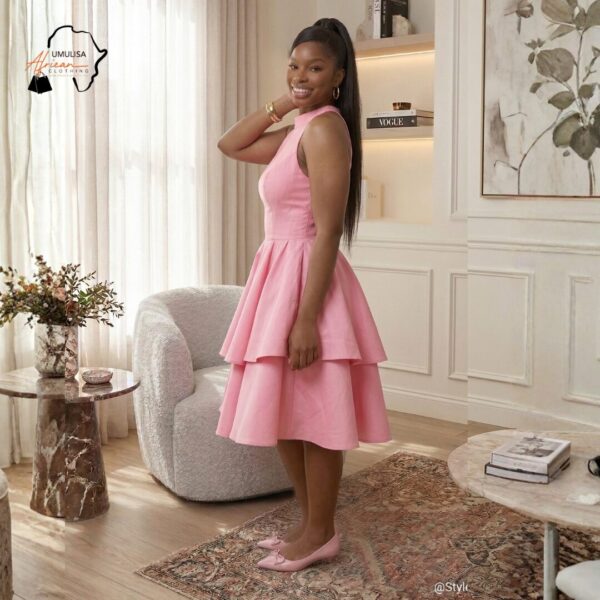 301 Blush Belle Tiered Flare Dress – Elegant Pink Halter Midi Dress