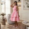 302 Blush Belle Tiered Flare Dress – Elegant Pink Halter Midi Dress