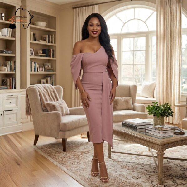 304 Rosé Elegance One-Shoulder Midi Dress – Sophisticated Off-Shoulder Bodycon Dress