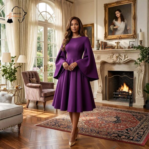 317 Royal Amethyst Elegance Midi Dress – Luxe Flare Sleeve Purple Statement Dress