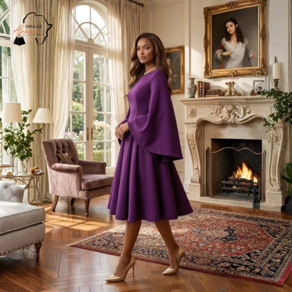 318 Royal Amethyst Elegance Midi Dress – Luxe Flare Sleeve Purple Statement Dress