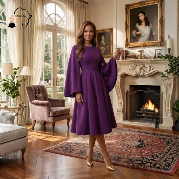 319 Royal Amethyst Elegance Midi Dress – Luxe Flare Sleeve Purple Statement Dress