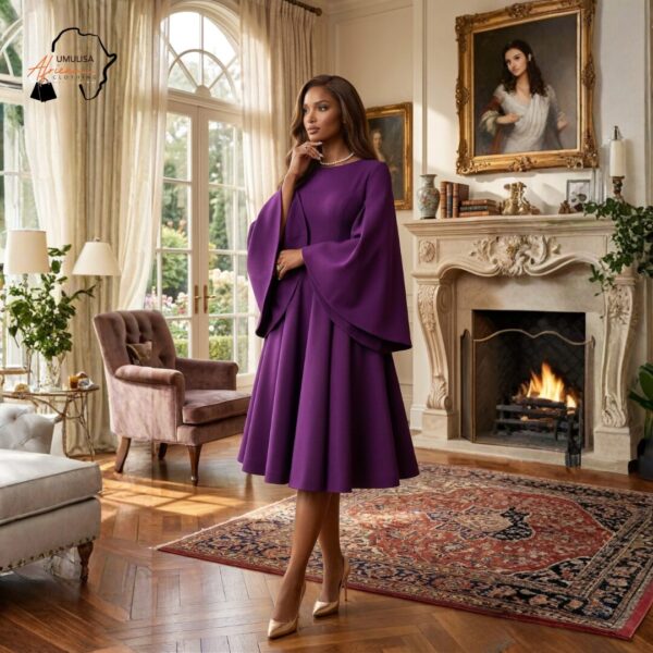 320 Royal Amethyst Elegance Midi Dress – Luxe Flare Sleeve Purple Statement Dress