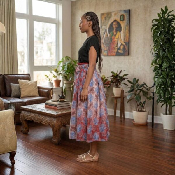 Nalia Red, Blue & Ivory African Midi Skirt