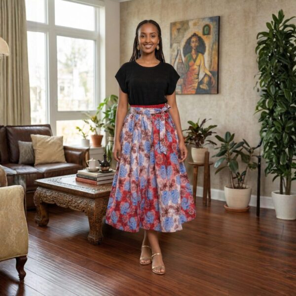 Nalia Red, Blue & Ivory African Midi Skirt
