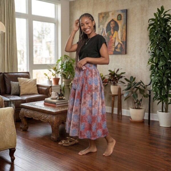 Nalia Red, Blue & Ivory African Midi Skirt