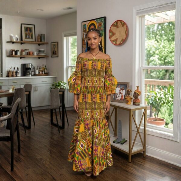 Zuri Gold, Green & Burgundy African Maxi Dress
