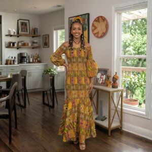 Zuri Gold, Green & Burgundy African Maxi Dress