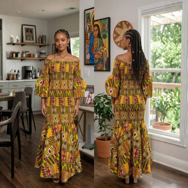 Zuri Gold, Green & Burgundy African Maxi Dress