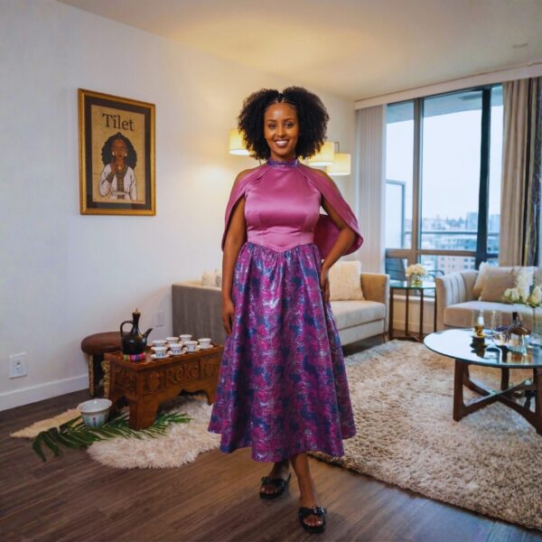 377 Zuri Rose Pink & Plum African Midi Dress