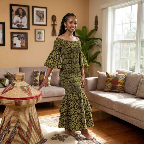 390 Nia Olive Green & Black African Midi Dress