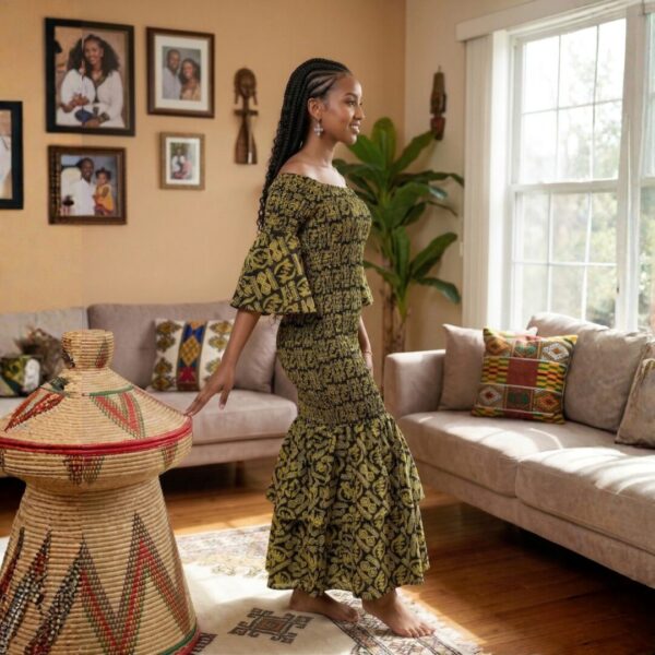 391 Nia Olive Green & Black African Midi Dress