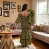 392 Nia Olive Green & Black African Midi Dress