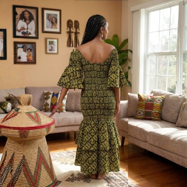 392 Nia Olive Green & Black African Midi Dress