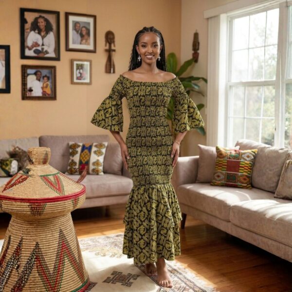 393 Nia Olive Green & Black African Midi Dress