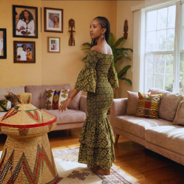 394 Nia Olive Green & Black African Midi Dress