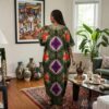 396 Zuri Olive Green, Purple & Red African Kaftan Maxi Dress