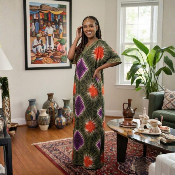 398 Zuri Olive Green, Purple & Red African Kaftan Maxi Dress