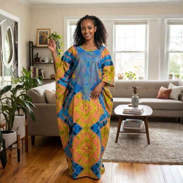 400 Amani Yellow, Blue & Pink African Kaftan Maxi Dress