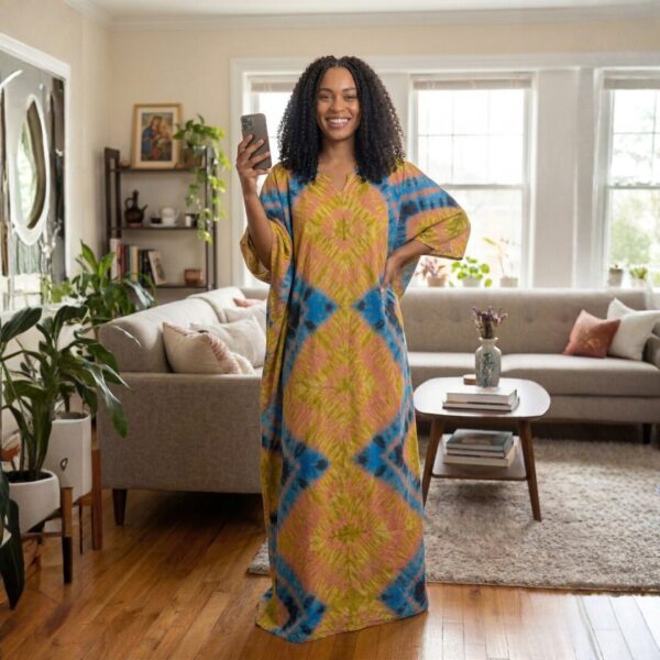 401 Amani Yellow, Blue & Pink African Kaftan Maxi Dress