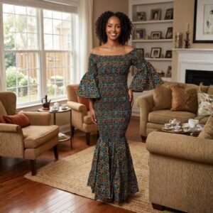 Imani Teal Green & Gold African Maxi Dress