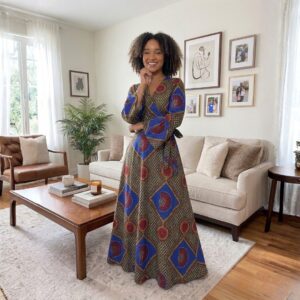 Zola Royal Blue & Earth Tone African Maxi Wrap Dress
