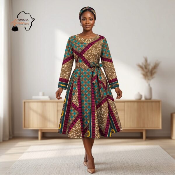 130 Zawadi Multi-Color African Midi Dress
